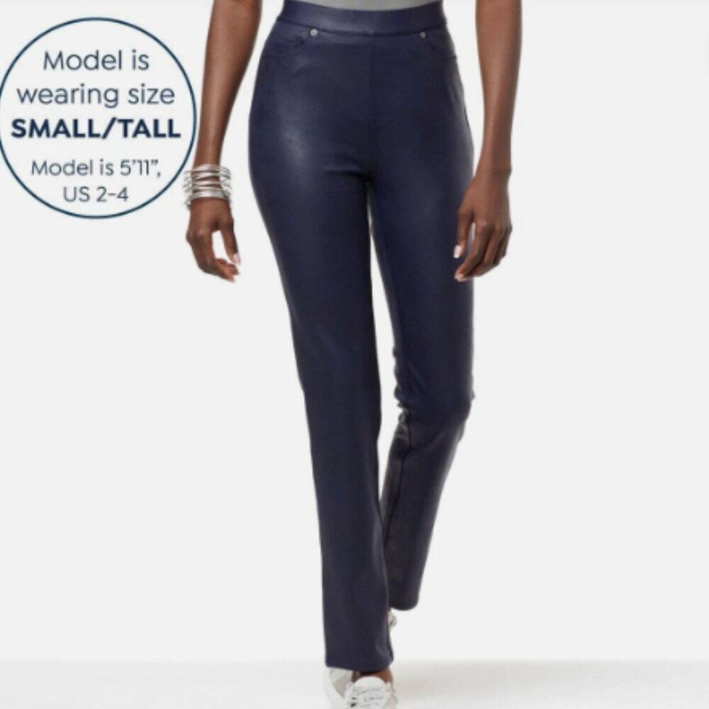 DG2 Diane Gilman DARK Navy Faux Leather Pull-on Sleek Pants SZ XLT